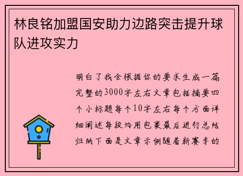 林良铭加盟国安助力边路突击提升球队进攻实力